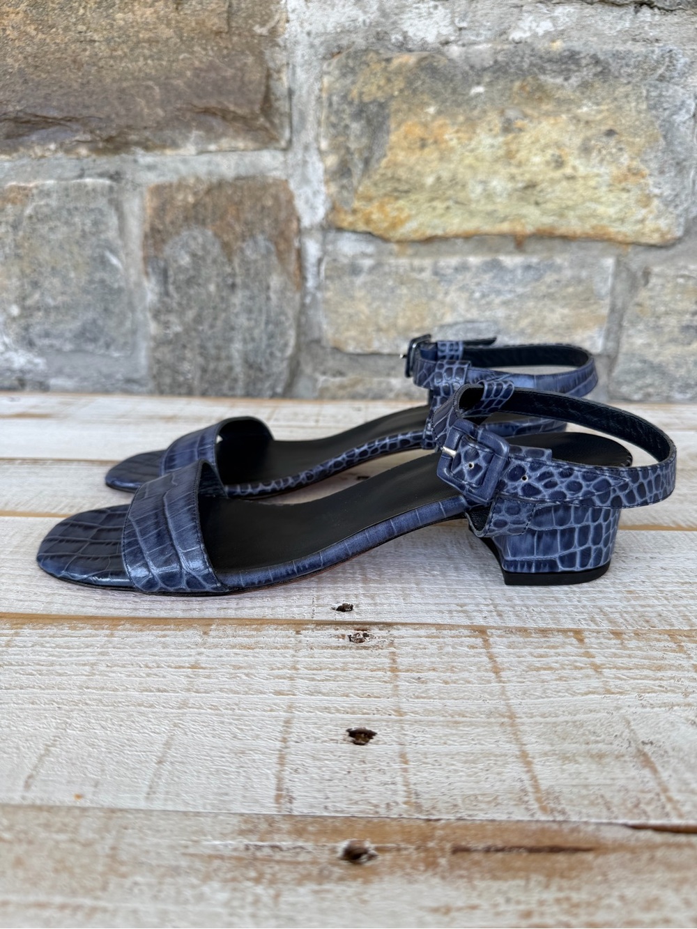 Maryam Nassir Zadeh Navy Croc-Embossed Low Block Heel Sandals - Picture 2 of 7